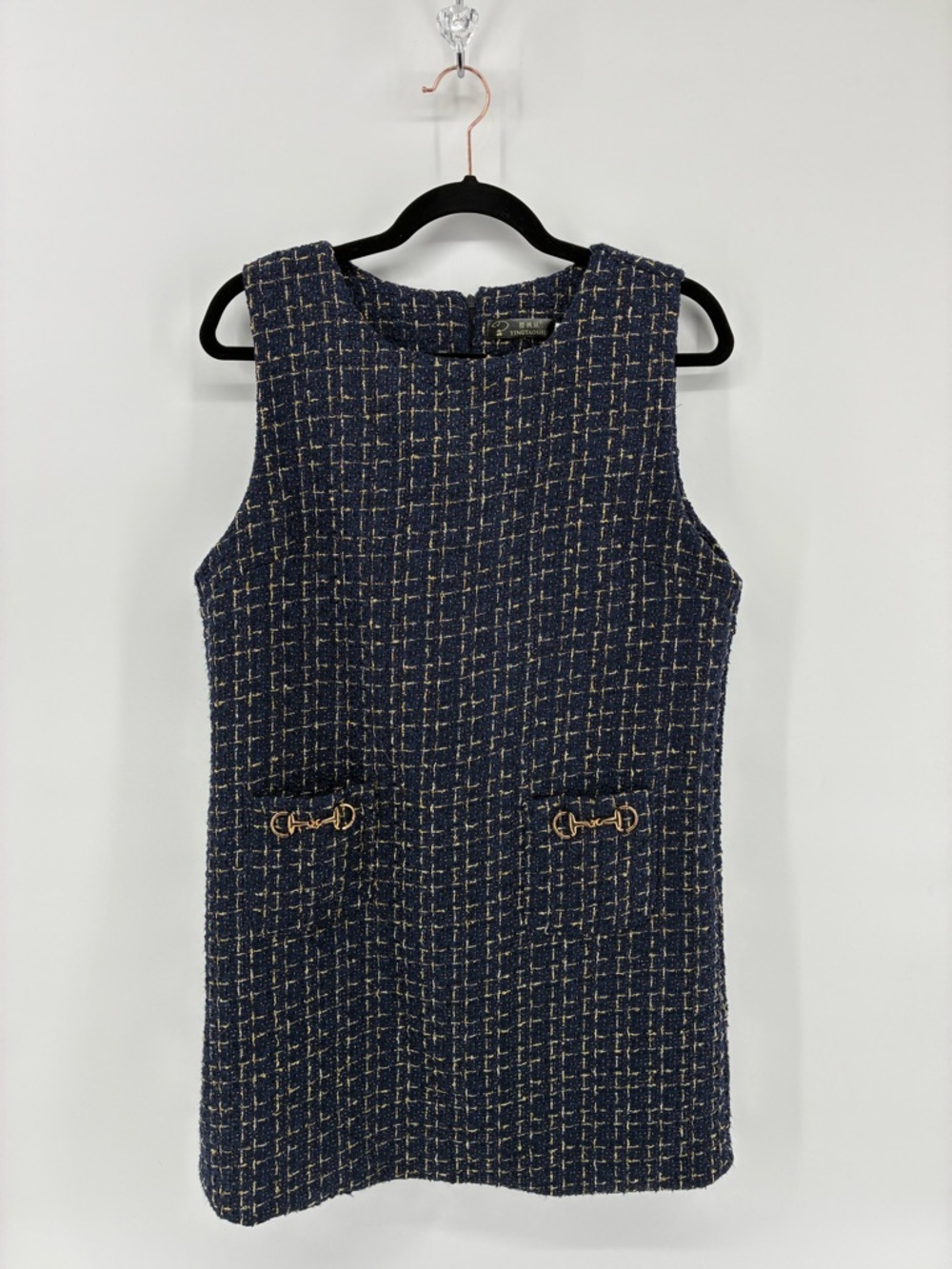Sleeveless Navy Tweed Shift Dress